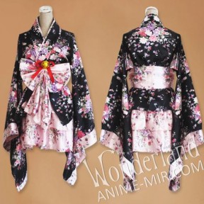 Косплей Кимоно (черно-розовое с цветами)